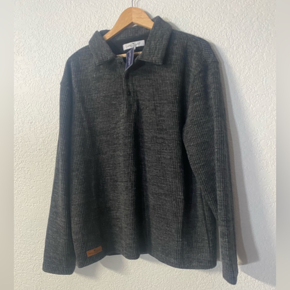 Simply Southern Men’s Preppy Charcoal Ribbed Knit polo long sleeve Sweater L